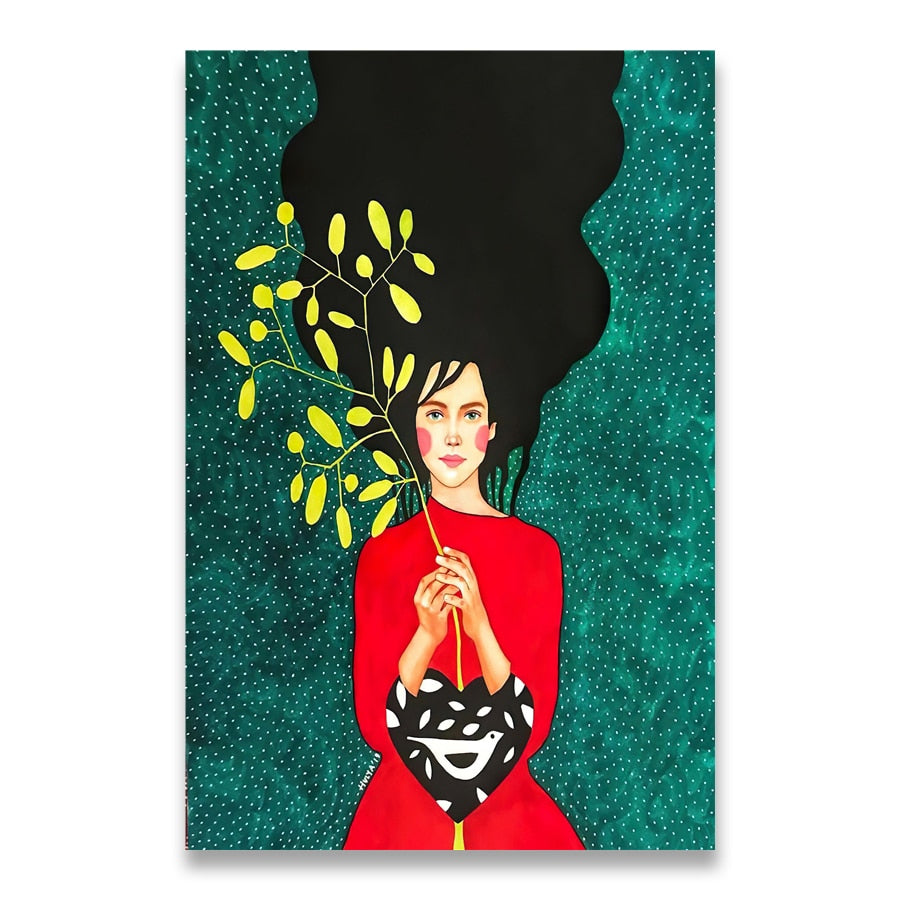 ArtZ® Nordic Abstract Woman Paintings - Green Background / 15.7 inch by 23.6 inch (40x60cm) No Frame