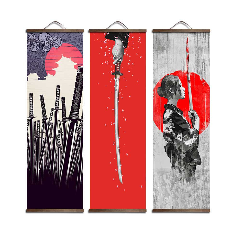 ArtZ® Red Warrior Samurai Paintings - Whole Set (3 Paintings) / 15.7 inch by 50.4 inch (40x128cm)