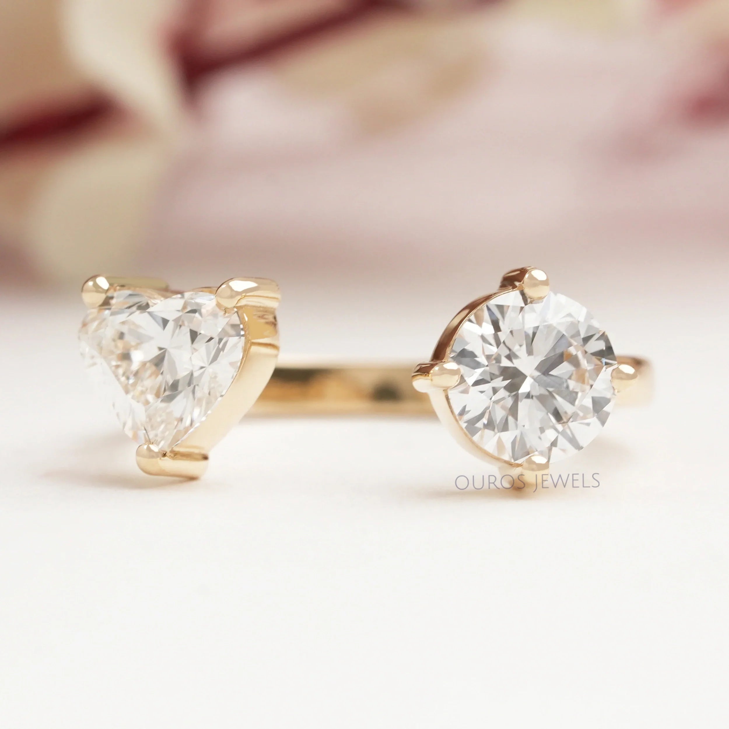 Heart And Round Cut Lab Grown Diamond  Open Cuff Ring
