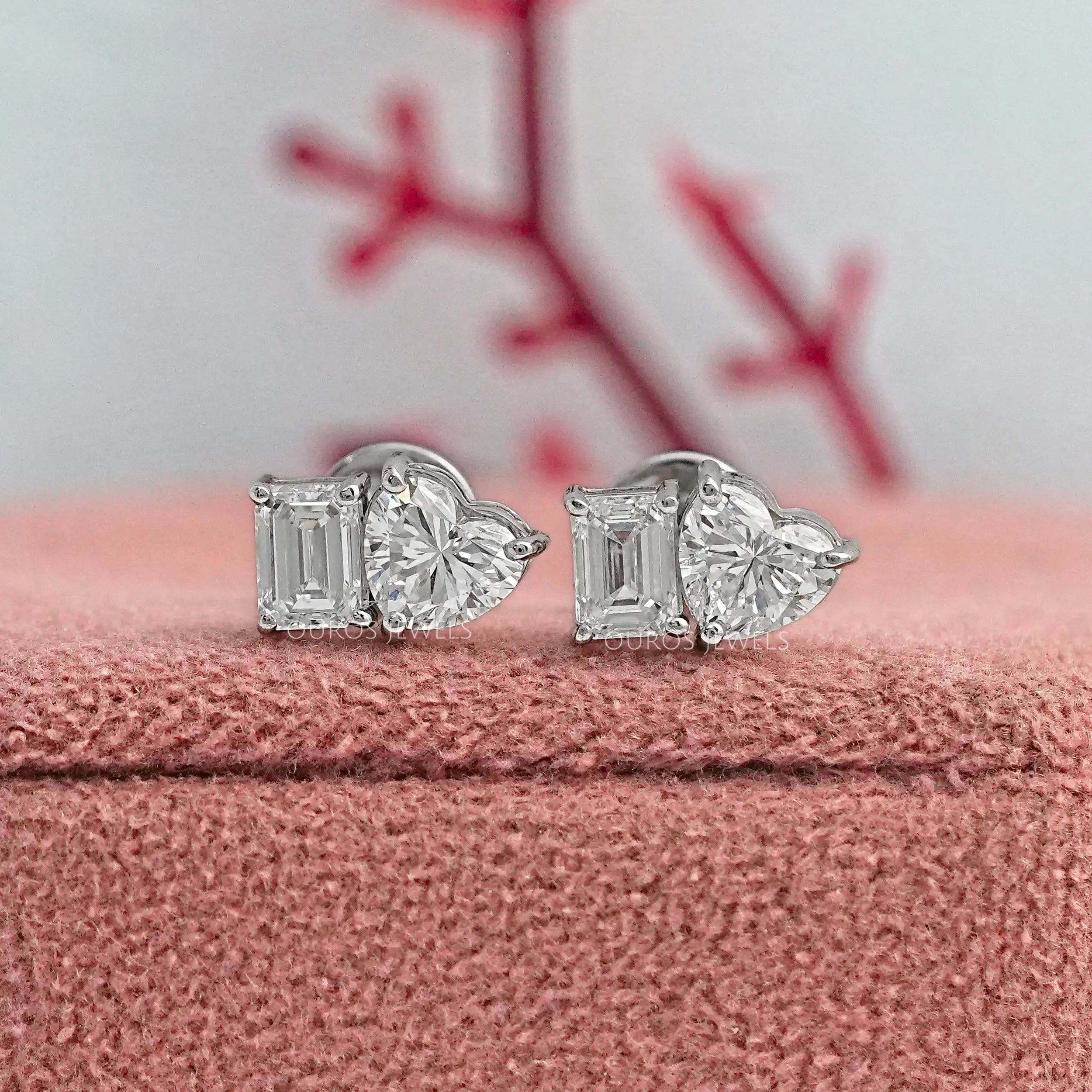 Heart And Emerald Diamond Minimal Two Stone Studs