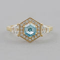 3 Stone Blue Hexagon Cut Halo Diamond Engagement Ring