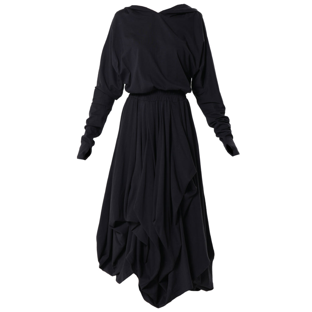 Long Sleeve Hooded Midi Dress In Black