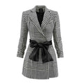 Houndstooth Wool Blazer Dress With Contrast Belt