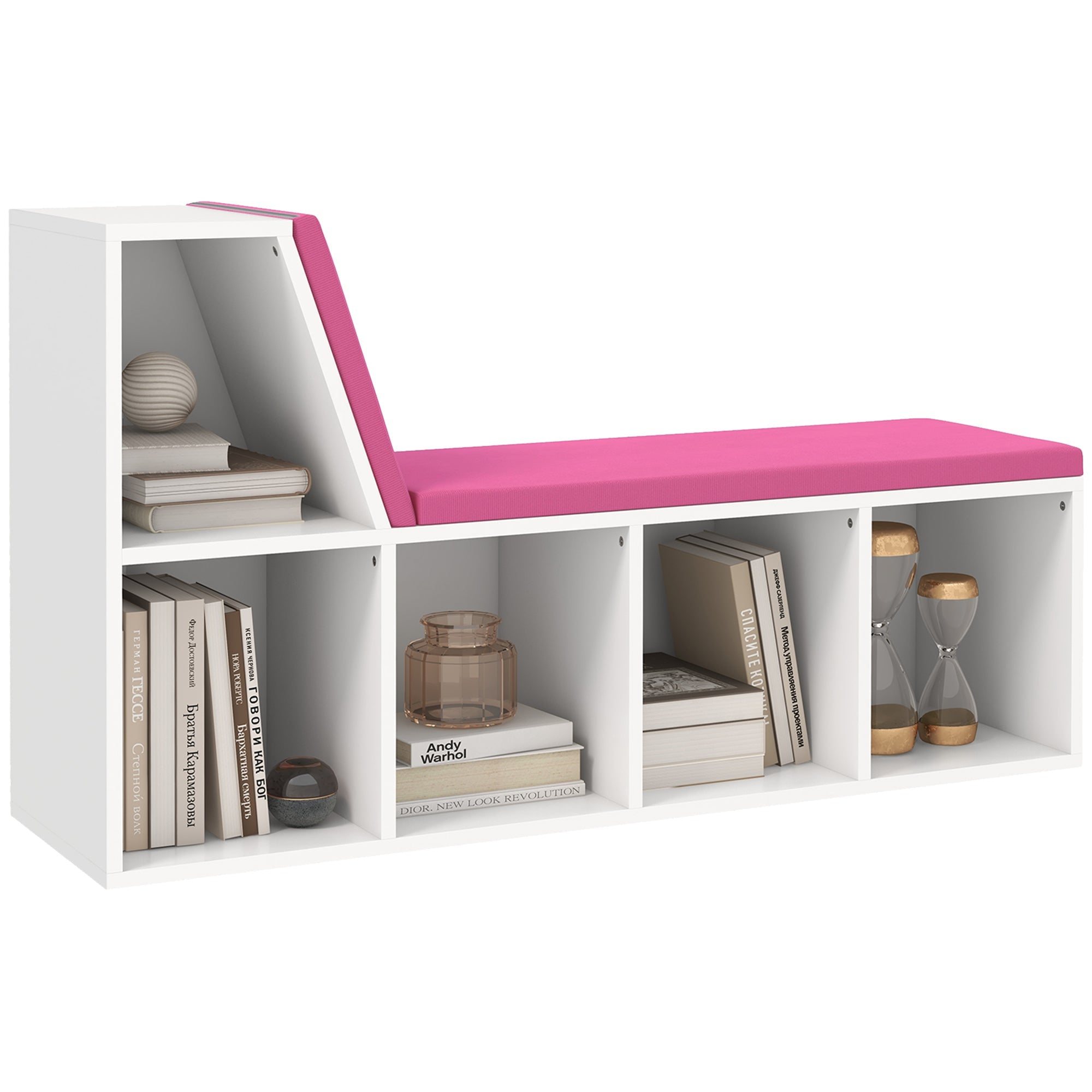 5 Cube Storage Bookshelf with Cushioned Reading Nook for Home Office, Kid Room, Pink