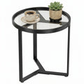 Round Side Table with Tempered Glass Top & Geometric Metal Frame for Small Spaces, Black