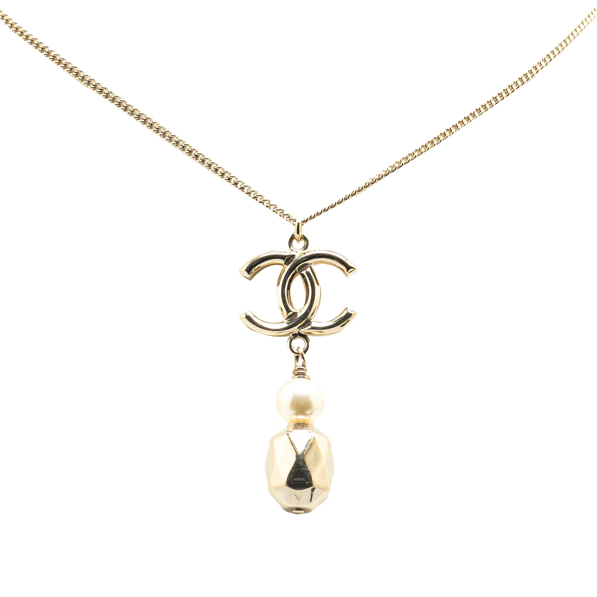 Gold Plated CC Faux Pearl Pendant Necklace