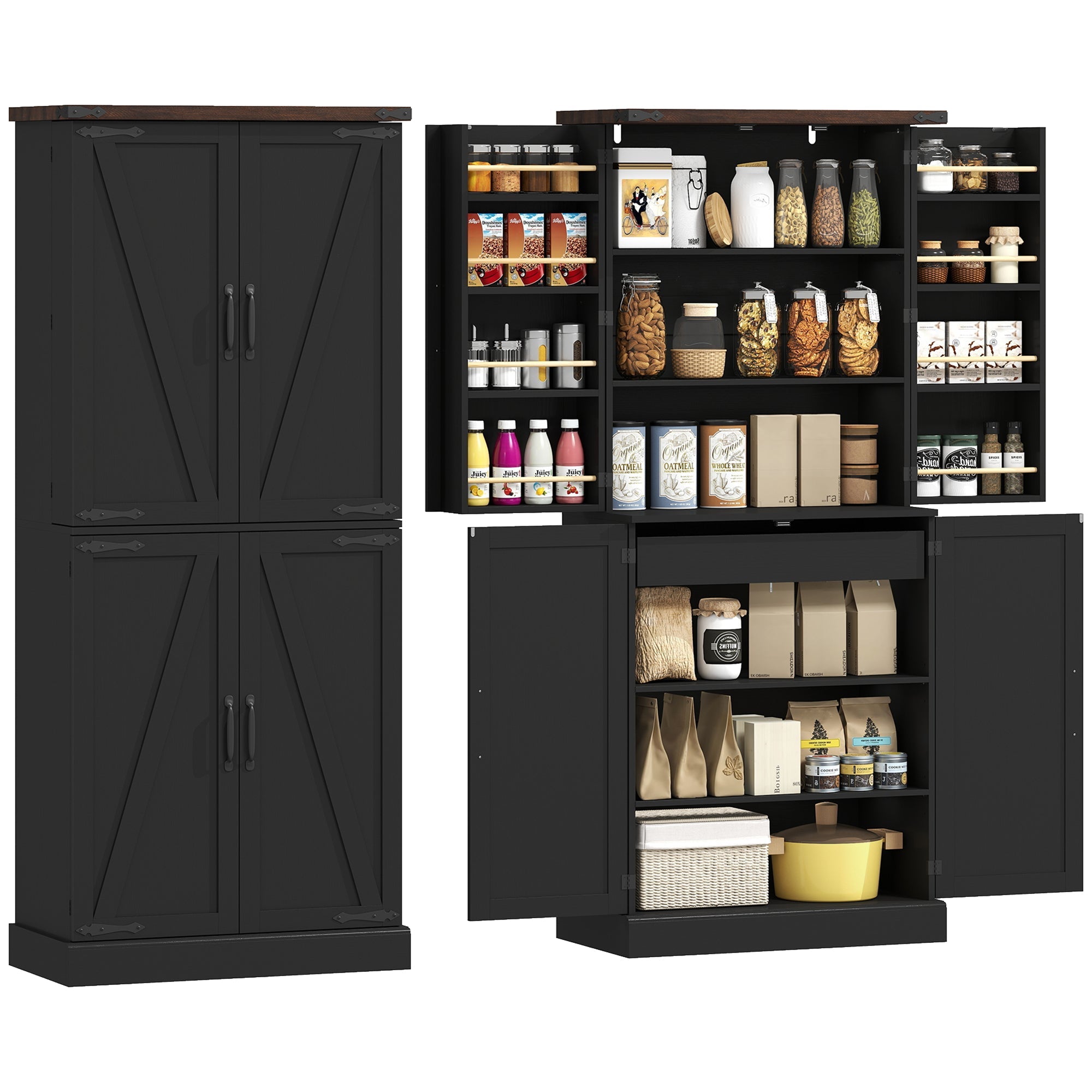 72" Tall Farmhouse Kitchen Pantry with Barn Doors, 8 Door Racks & Drawer, Black