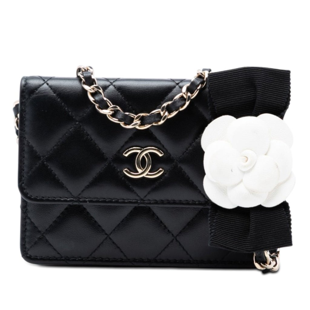 Quilted Lambskin Camellia Bow Card Holder On Chain