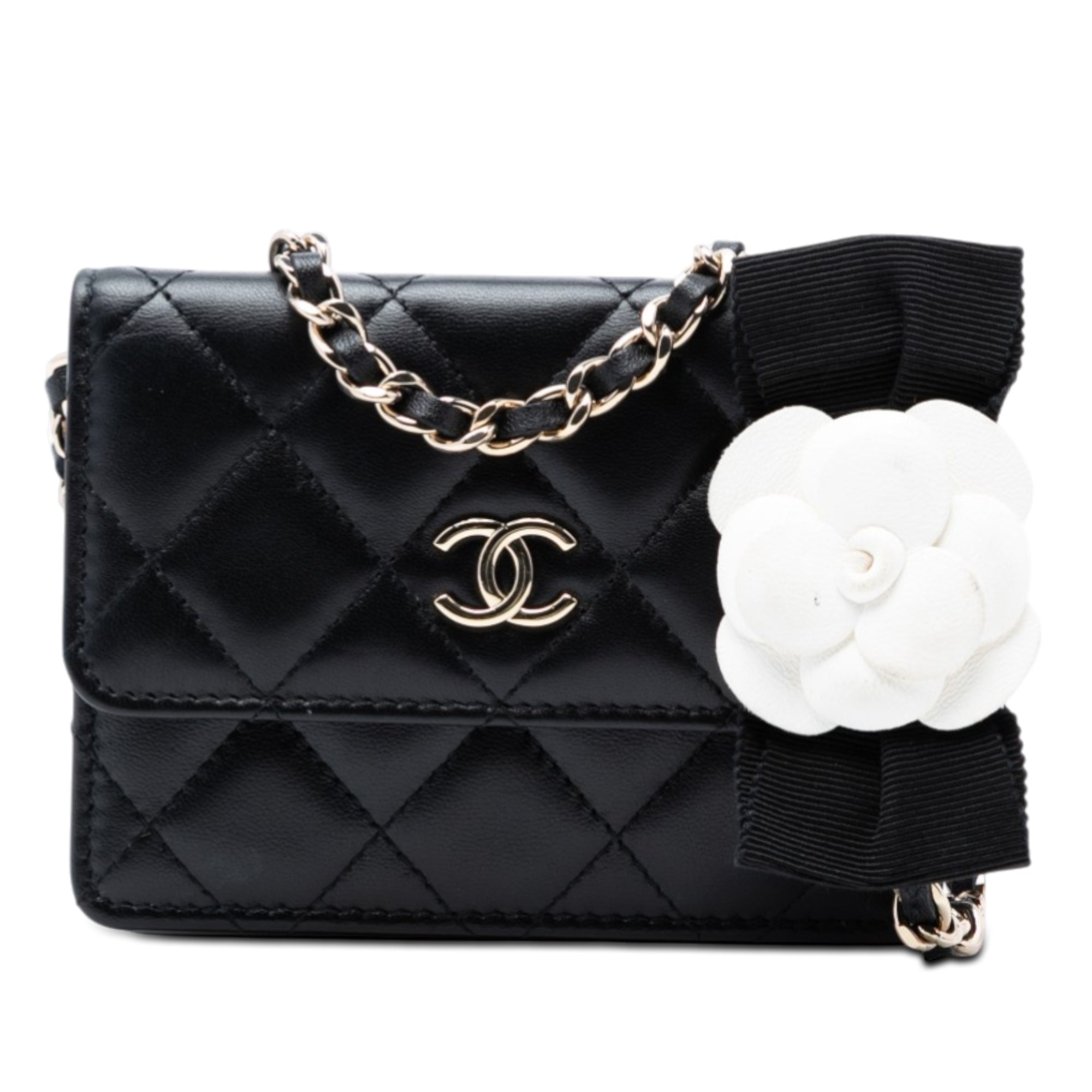 Quilted Lambskin Camellia Bow Card Holder On Chain