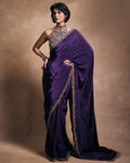 Deep Purple Crepe Sari Set By KYNAH, Luxury Indian Fashion & Bridal Wear