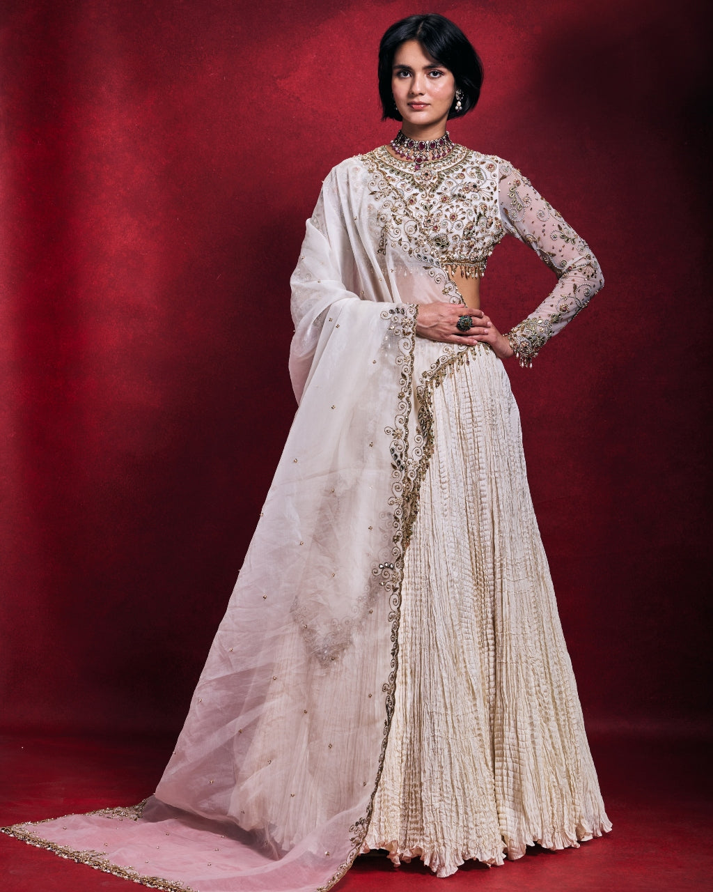 Ivory Crushed Lehenga Set By KYNAH, Luxury Indian Fashion & Bridal Wear