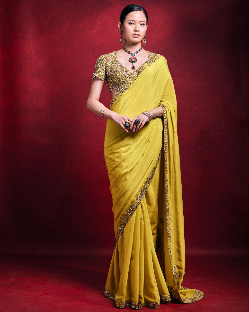 Yellow Crepe Sari Set By KYNAH, Luxury Indian Fashion & Bridal Wear