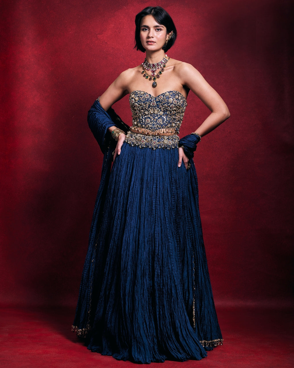Royal Blue Crushed Lehenga Set By KYNAH, Luxury Indian Fashion & Bridal Wear