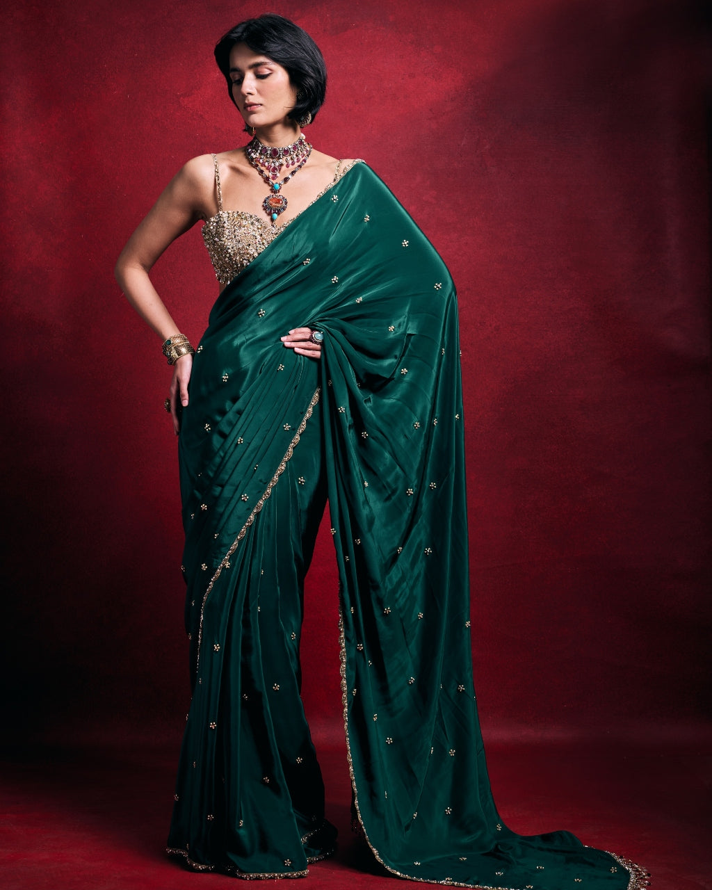 Emerald Green Crepe Sari Set By KYNAH, Luxury Indian Fashion & Bridal Wear