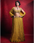 Mustard Crushed Lehenga Set By KYNAH, Luxury Indian Fashion & Bridal Wear