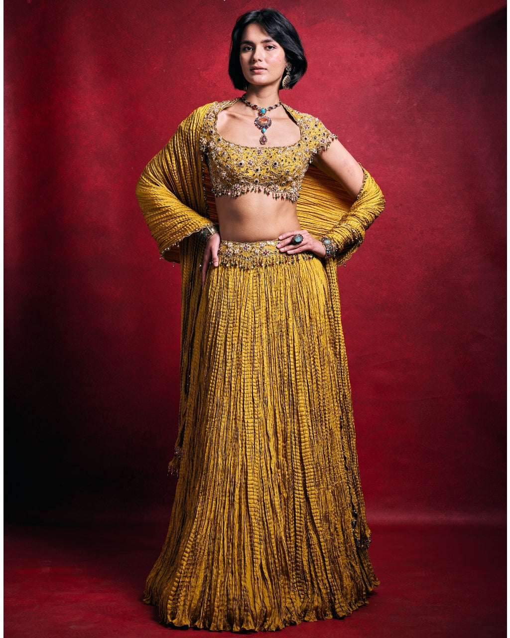 Mustard Crushed Lehenga Set By KYNAH, Luxury Indian Fashion & Bridal Wear