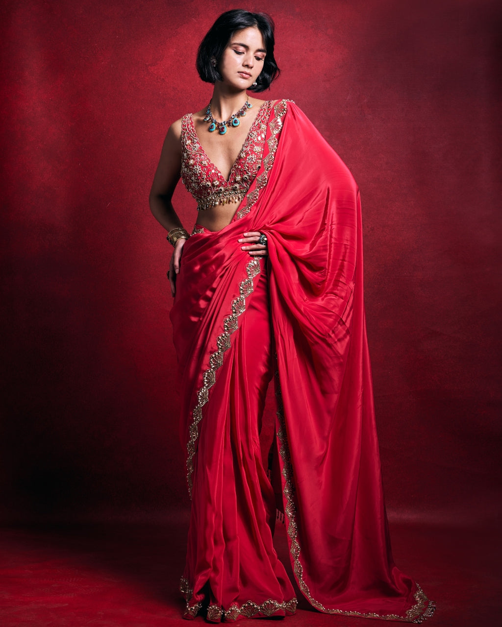 Fuscia Pink Crepe Sari Set By KYNAH, Luxury Indian Fashion & Bridal Wear