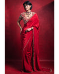Red Crepe Sari Set By KYNAH, Luxury Indian Fashion & Bridal Wear