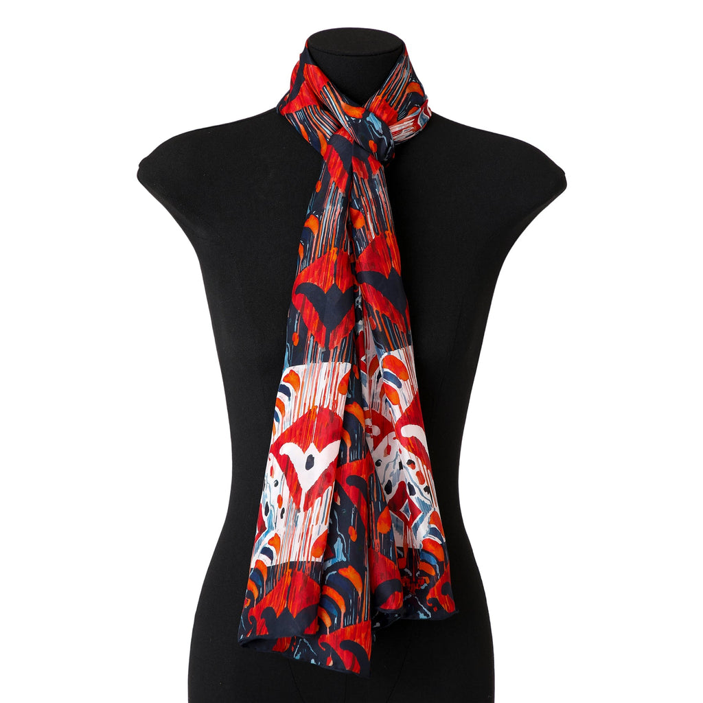 Red and Blue Silk Scarf with Ikat Print