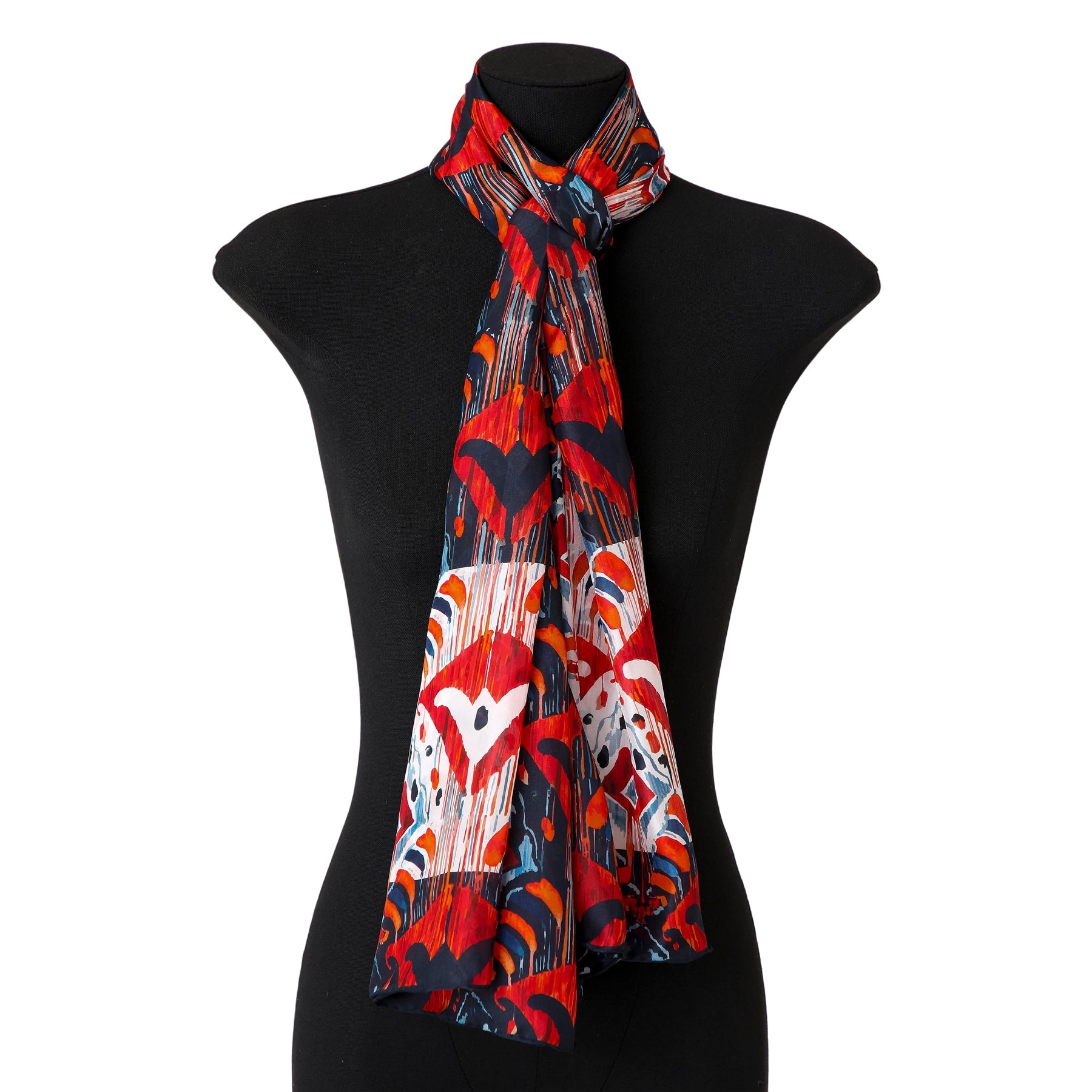 Red and Blue Silk Scarf with Ikat Print