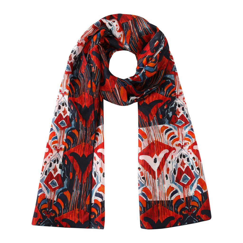 Red and Blue Silk Scarf with Ikat Print