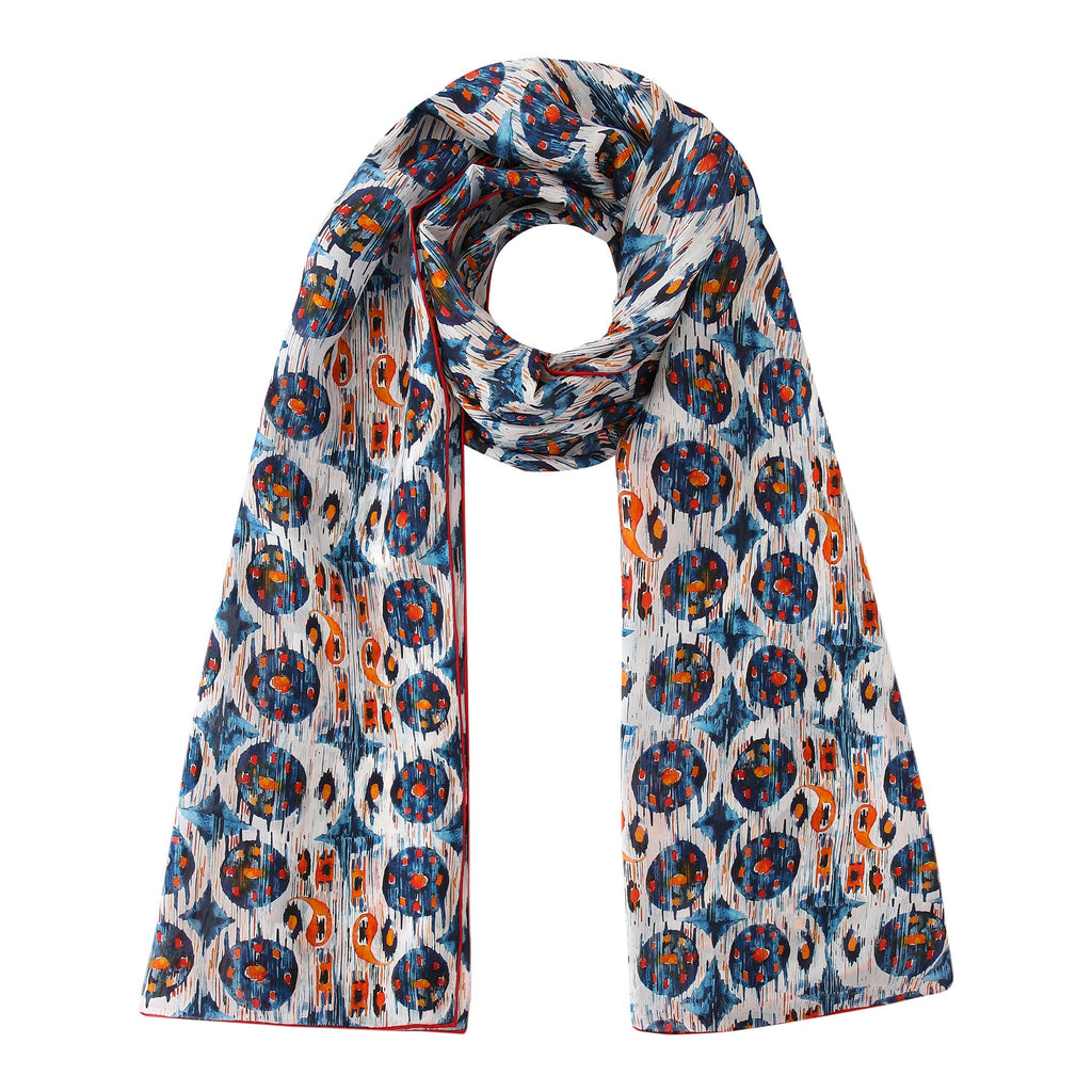 White and Blue Habotai Silk Scarf Ikat Print