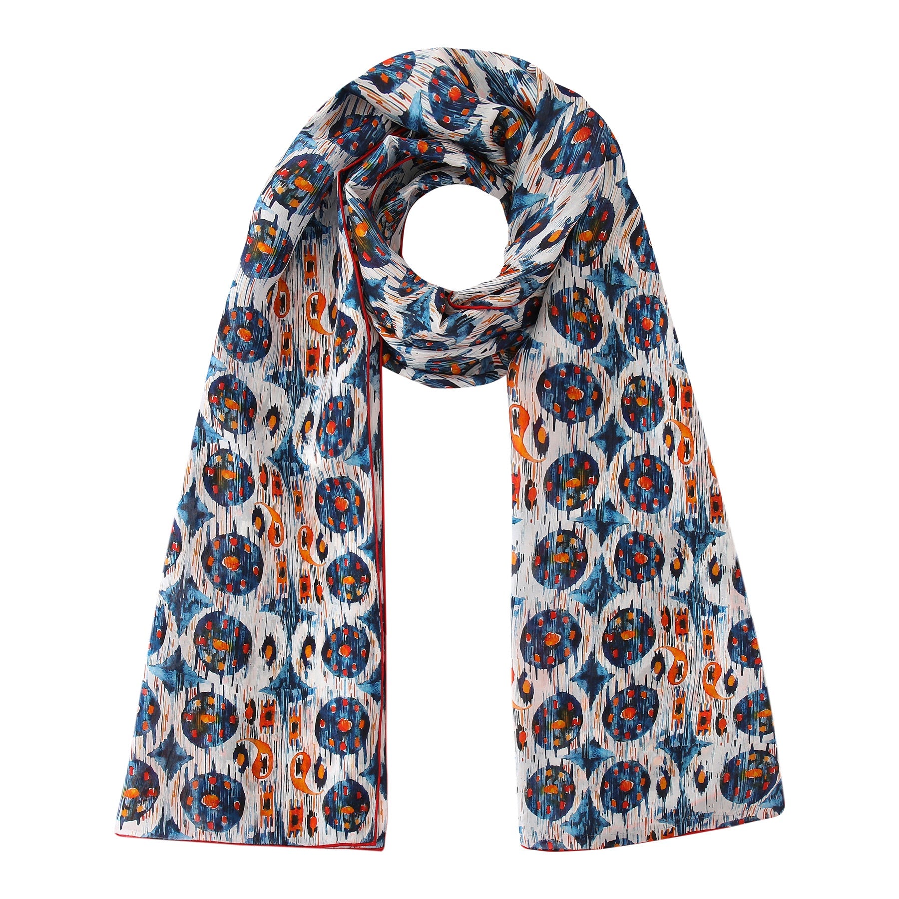 White and Blue Habotai Silk Scarf Ikat Print