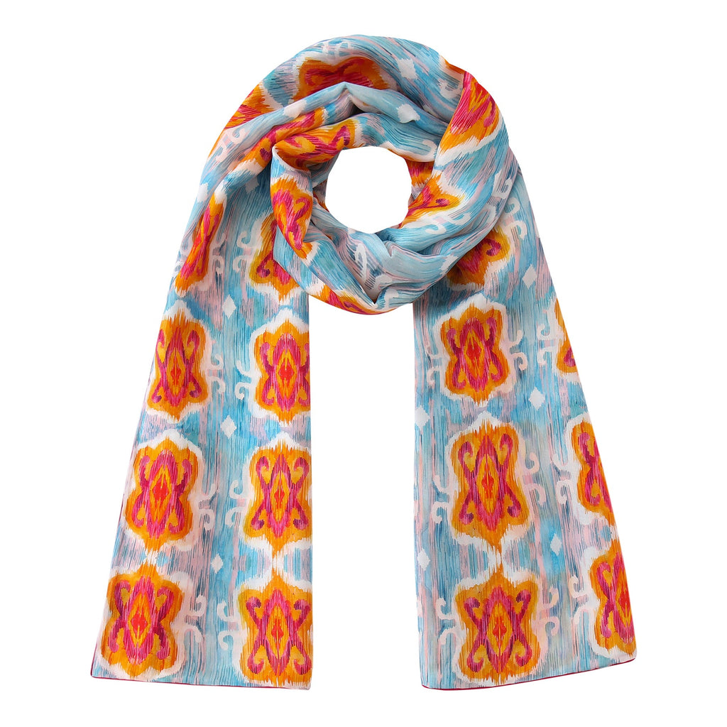 Light Blue Silk Scarf with Ikat Print