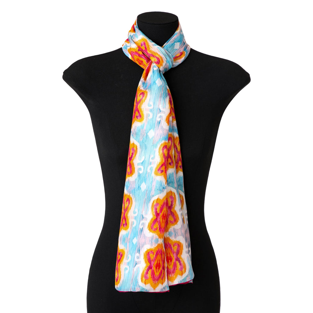 Light Blue Silk Scarf with Ikat Print