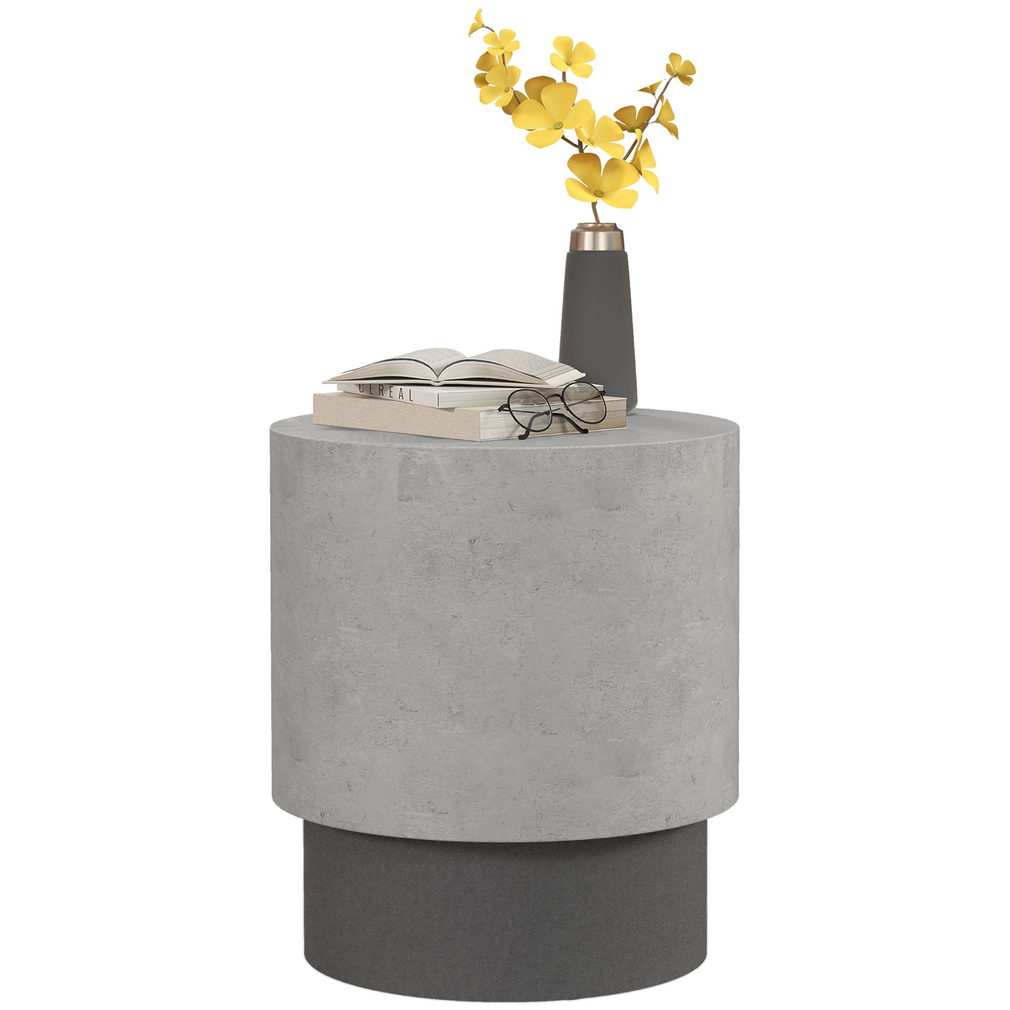 17" Concrete Finish Round Side Table with 4 Adjustable Feet Indoor Outdoor, Grey