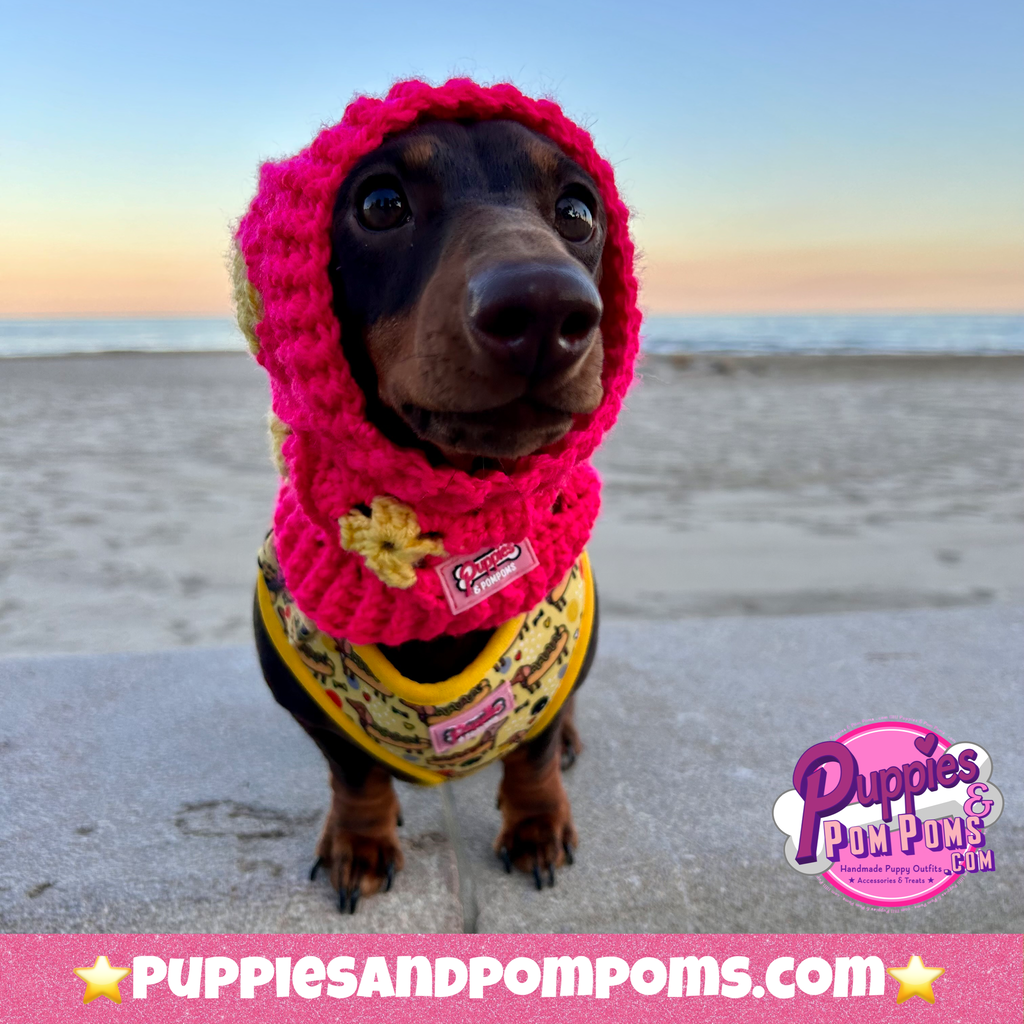 Handmade Crochet Dog Balaclava Hat - Hot Pink