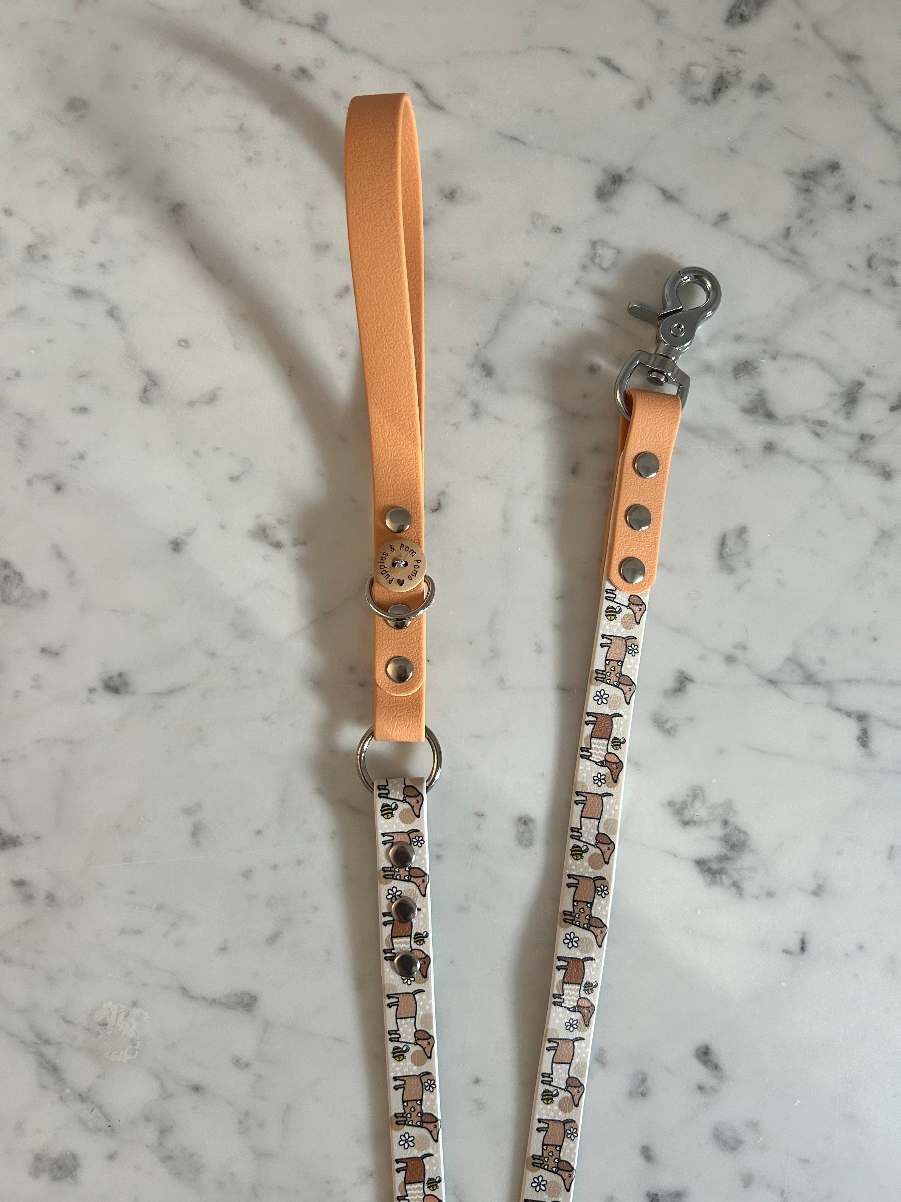 Handmade Vegan Leather Dog Leash - Bee Happy Dachshunds - Beige