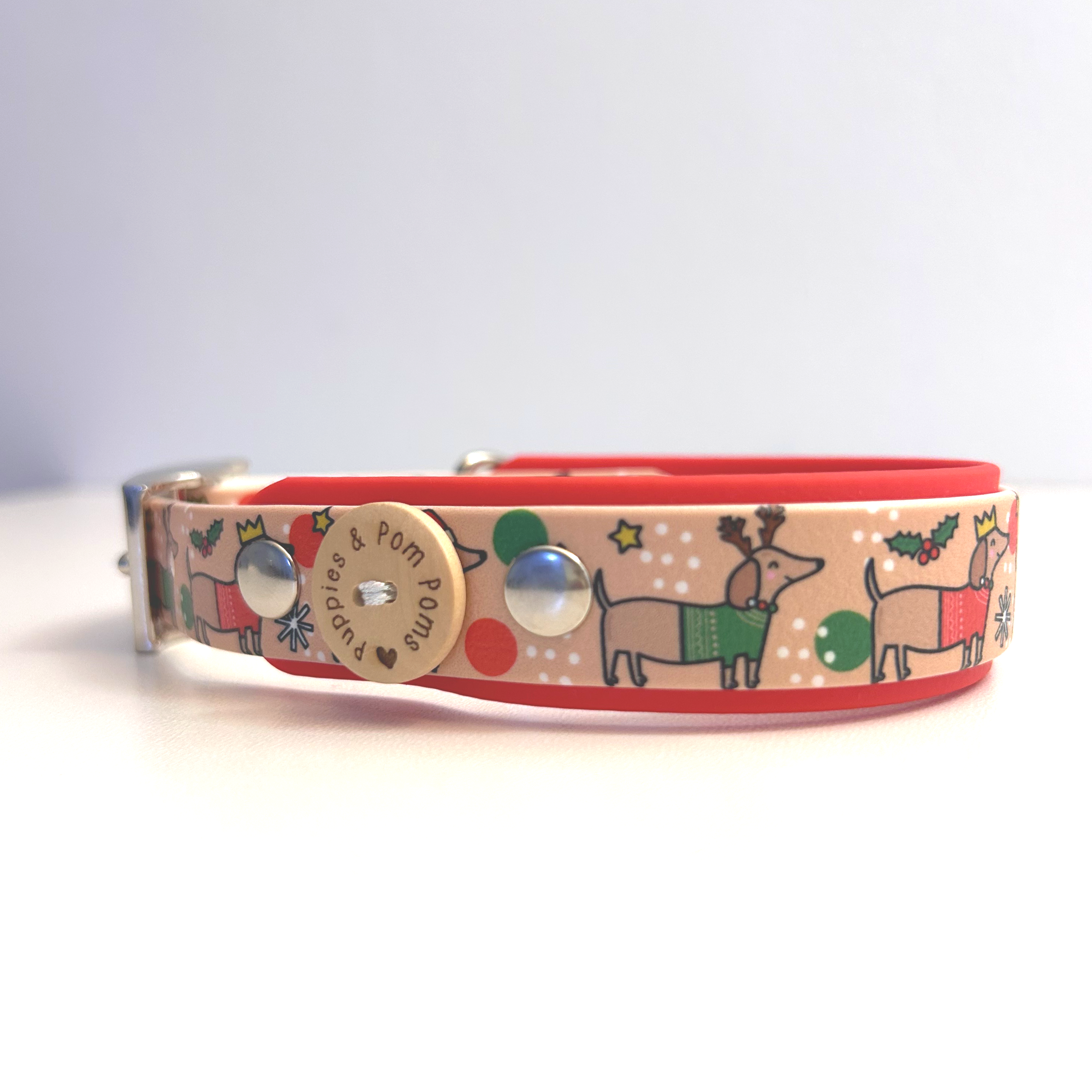 Christmas Dachshunds Handmade Dog Collar - Vegan / Waterproof Biothane - 2 Colour 25mm