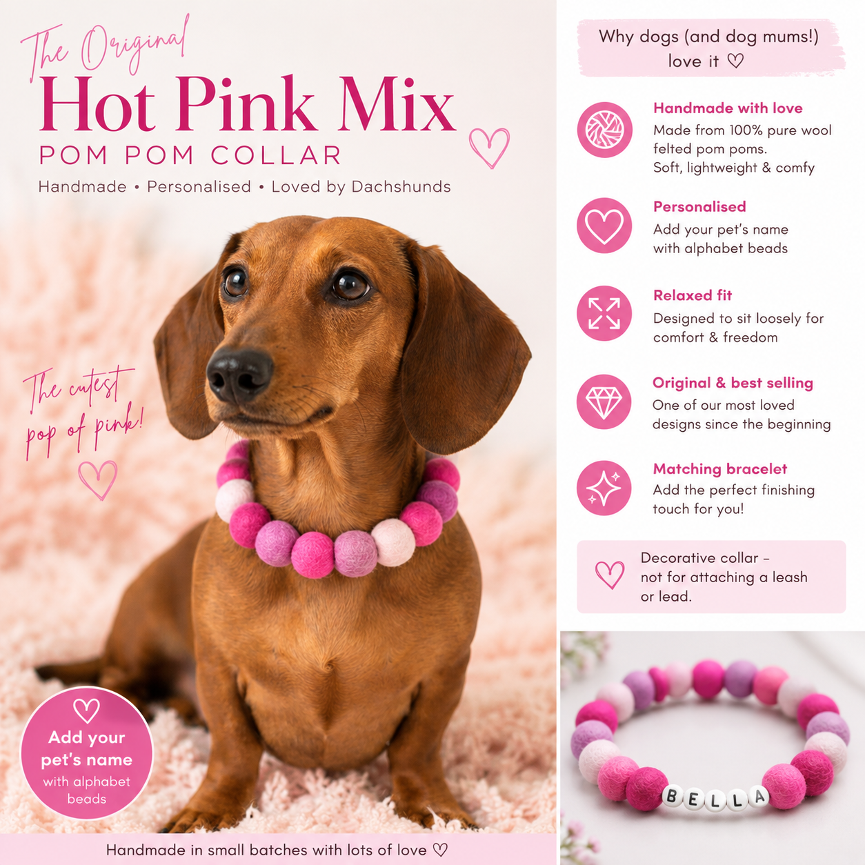 Hot Pink Mix - Personalised Pom Pom Dog Collar
