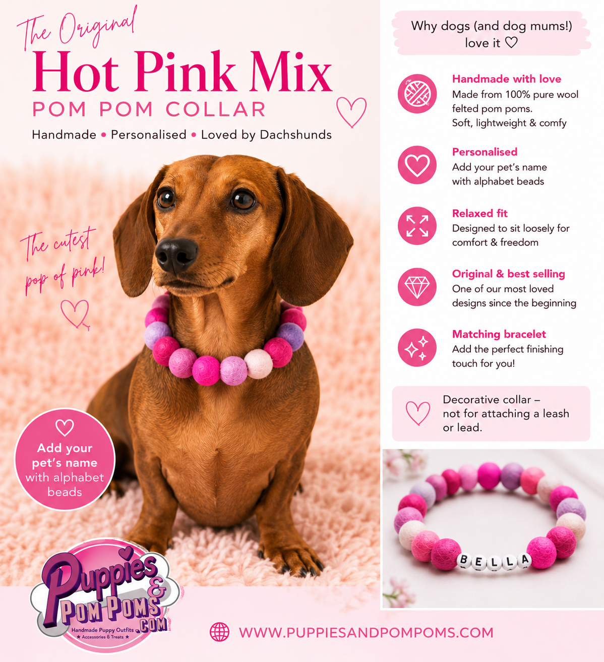 Hot Pink Mix - Personalised Pom Pom Dog Collar