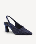 TweedChloe Pointed Toe Block Heeled Slingback - Navy Blue / US 7 | EU 37.5 | UK 5
