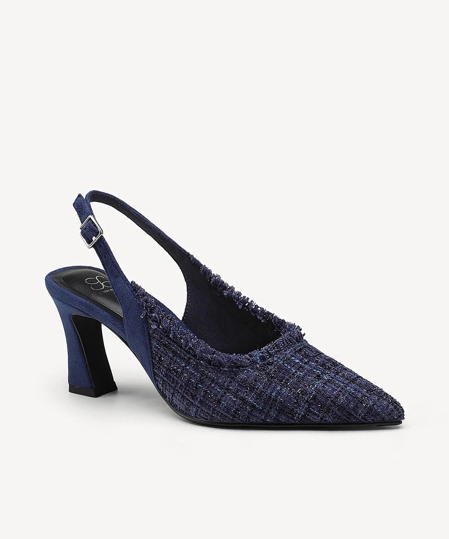 TweedChloe Pointed Toe Block Heeled Slingback - Navy Blue / US 7 | EU 37.5 | UK 5