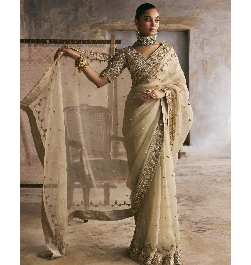 Mint Organza Dabka And Gota Work Sari Set By KYNAH, Luxury Indian Fashion & Bridal Wear