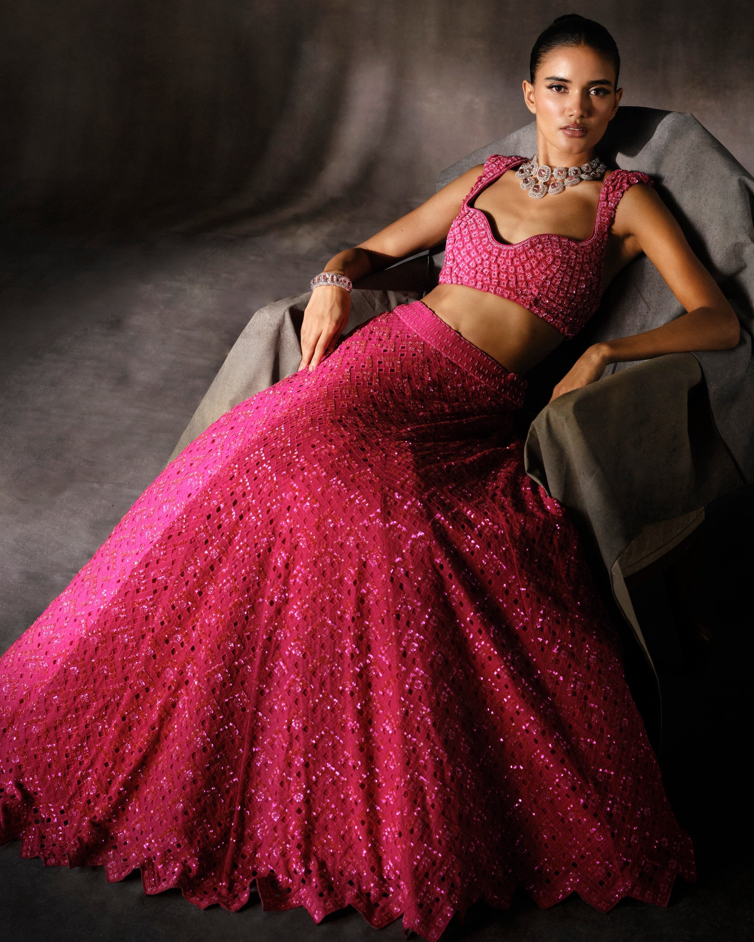 Hot Pink Cutwork Lehenga By KYNAH, Luxury Indian Fashion & Bridal Wear