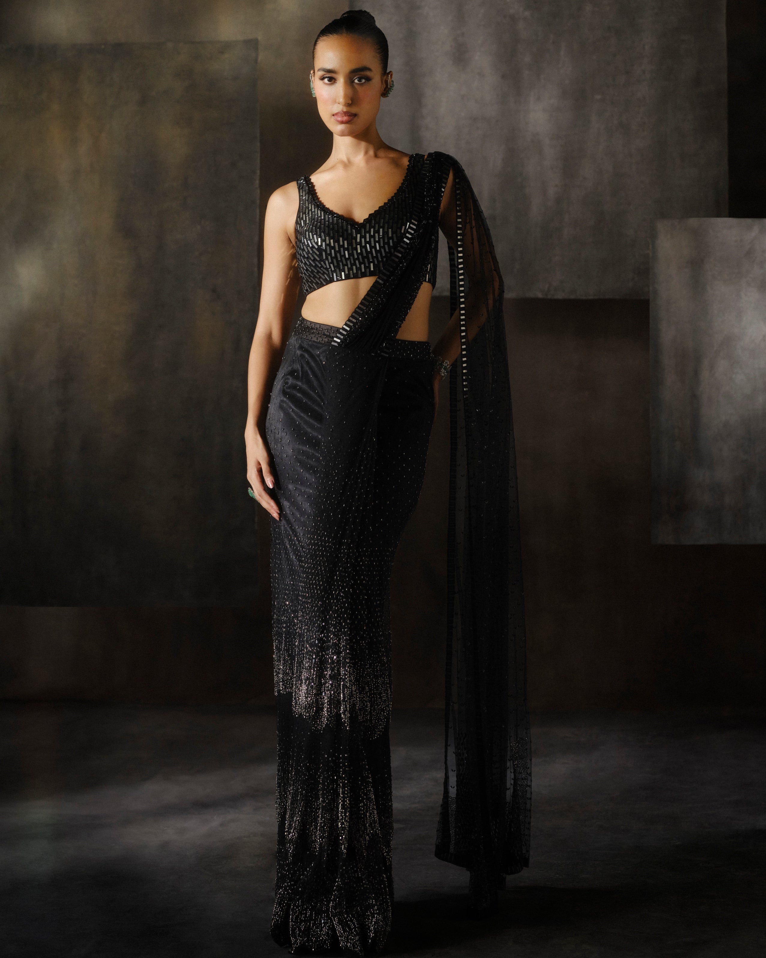 Black Ombré Drape Sari By KYNAH, Luxury Indian Fashion & Bridal Wear