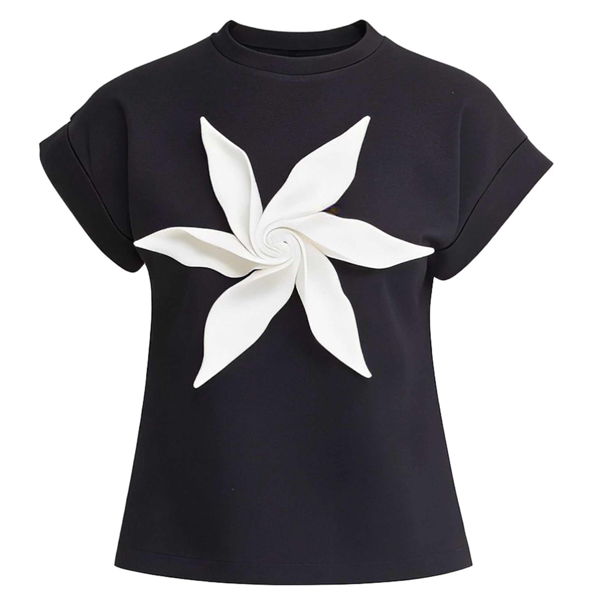 Crew-Neck Jersey T-Shirt With Flower - Black