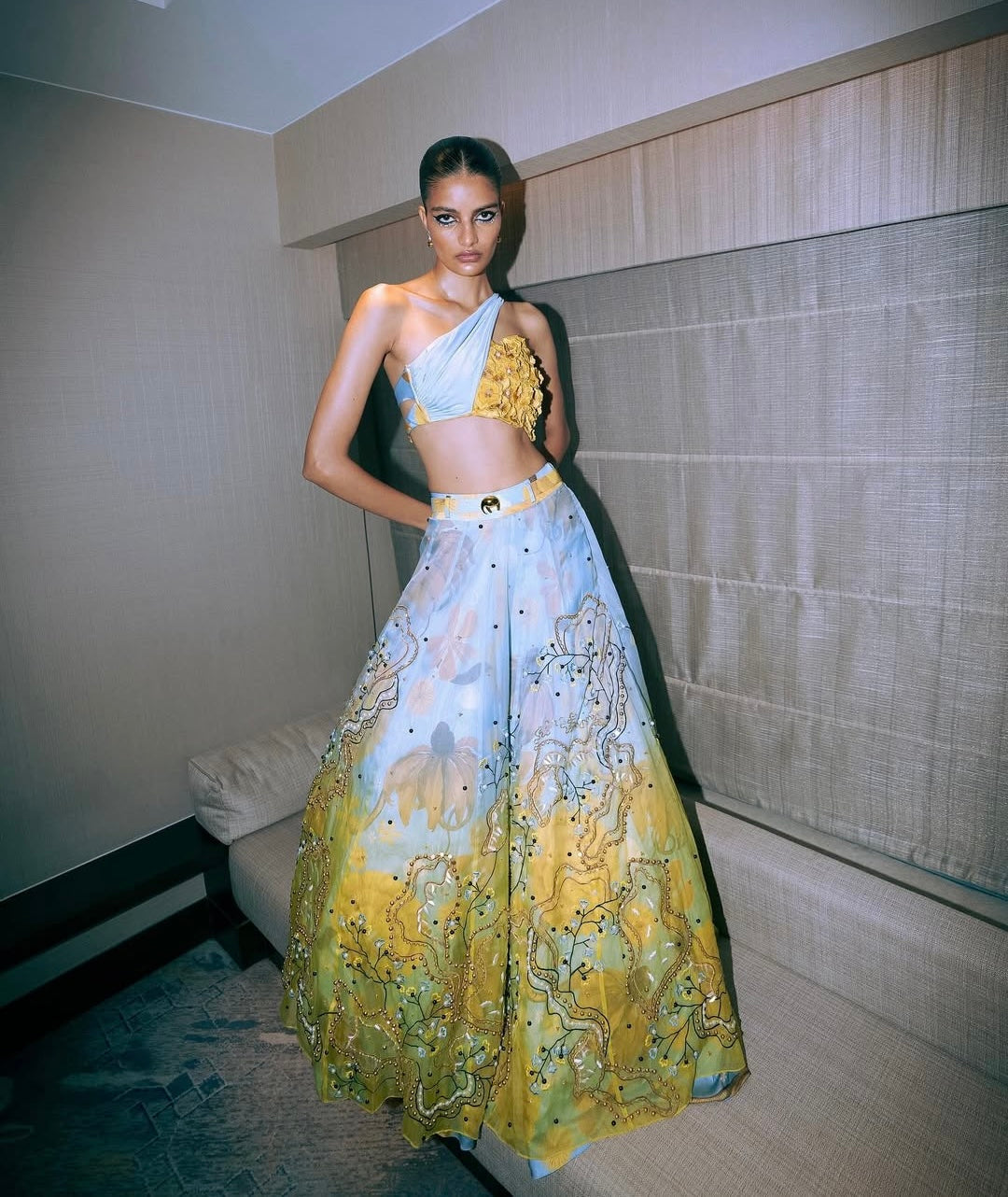 Primordi Ombre Iris Embellished Lehenga With Asymmetrical Iris Blouse By KYNAH, Luxury Indian Fashion & Bridal Wear