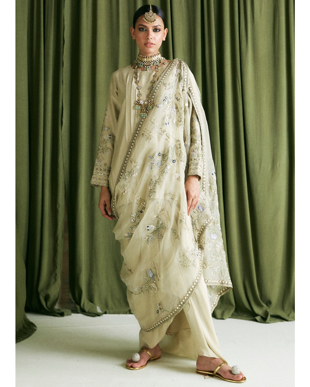 Sage Green Alisha Kurta & Pinched Skirt Set By KYNAH, Luxury Indian Fashion & Bridal Wear