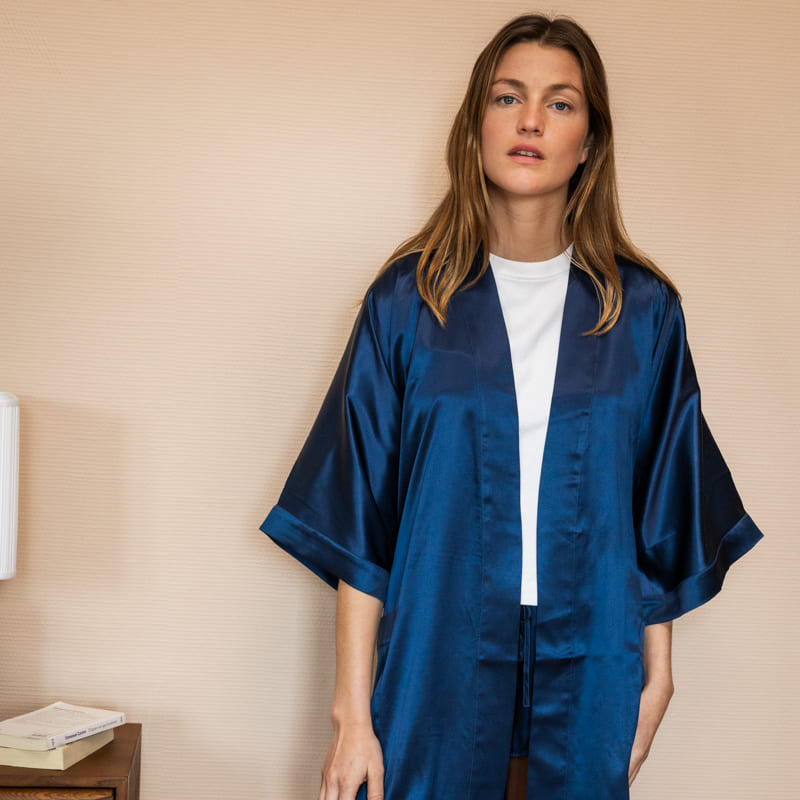 Kimono 100% pure soie - Bleu nuit