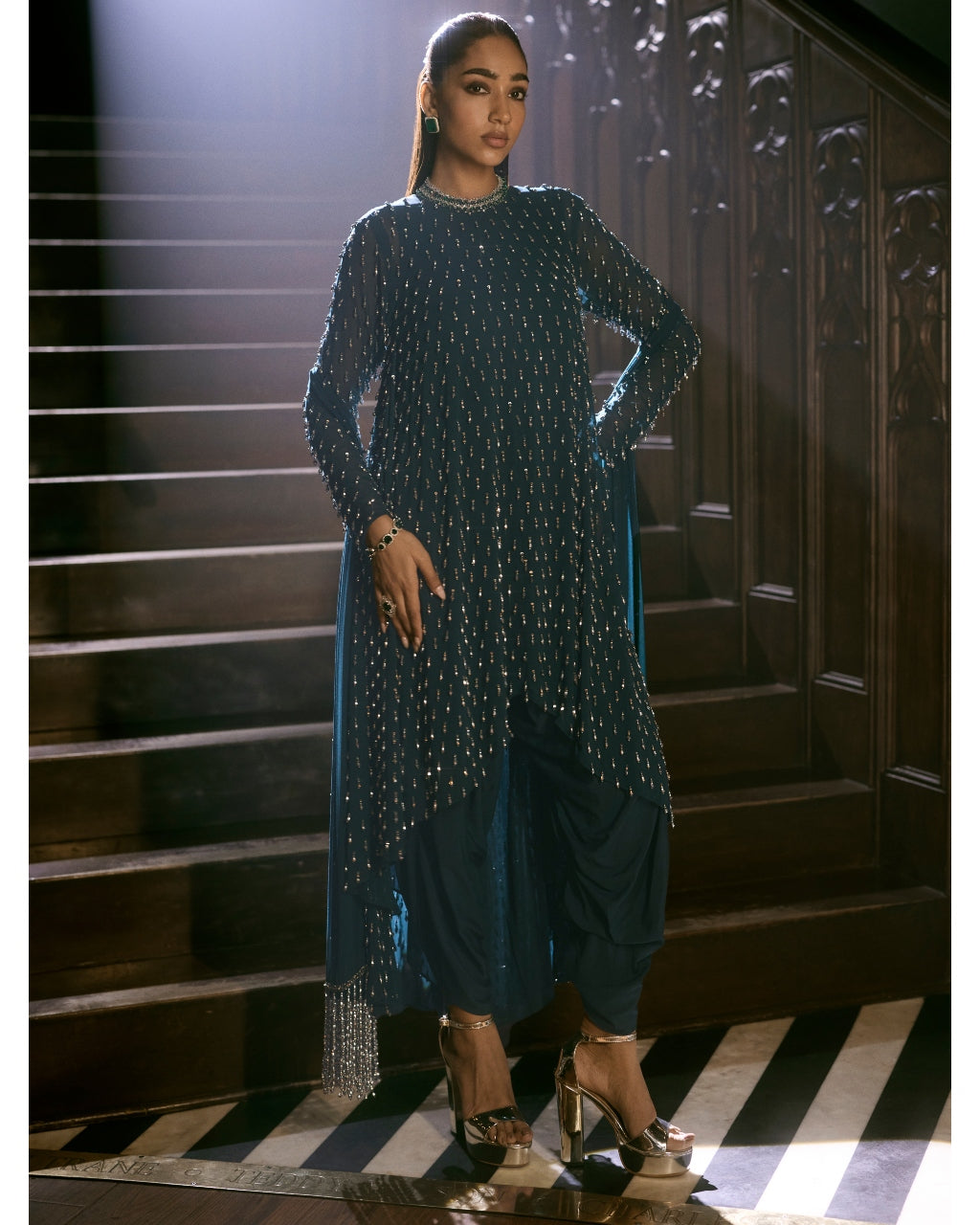 Dark Teal Silver Drop Kurta With Stole By KYNAH, Luxury Indian Fashion & Bridal Wear