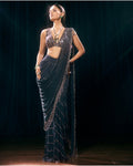 Dark Teal Linear Draped Sari By KYNAH, Luxury Indian Fashion & Bridal Wear