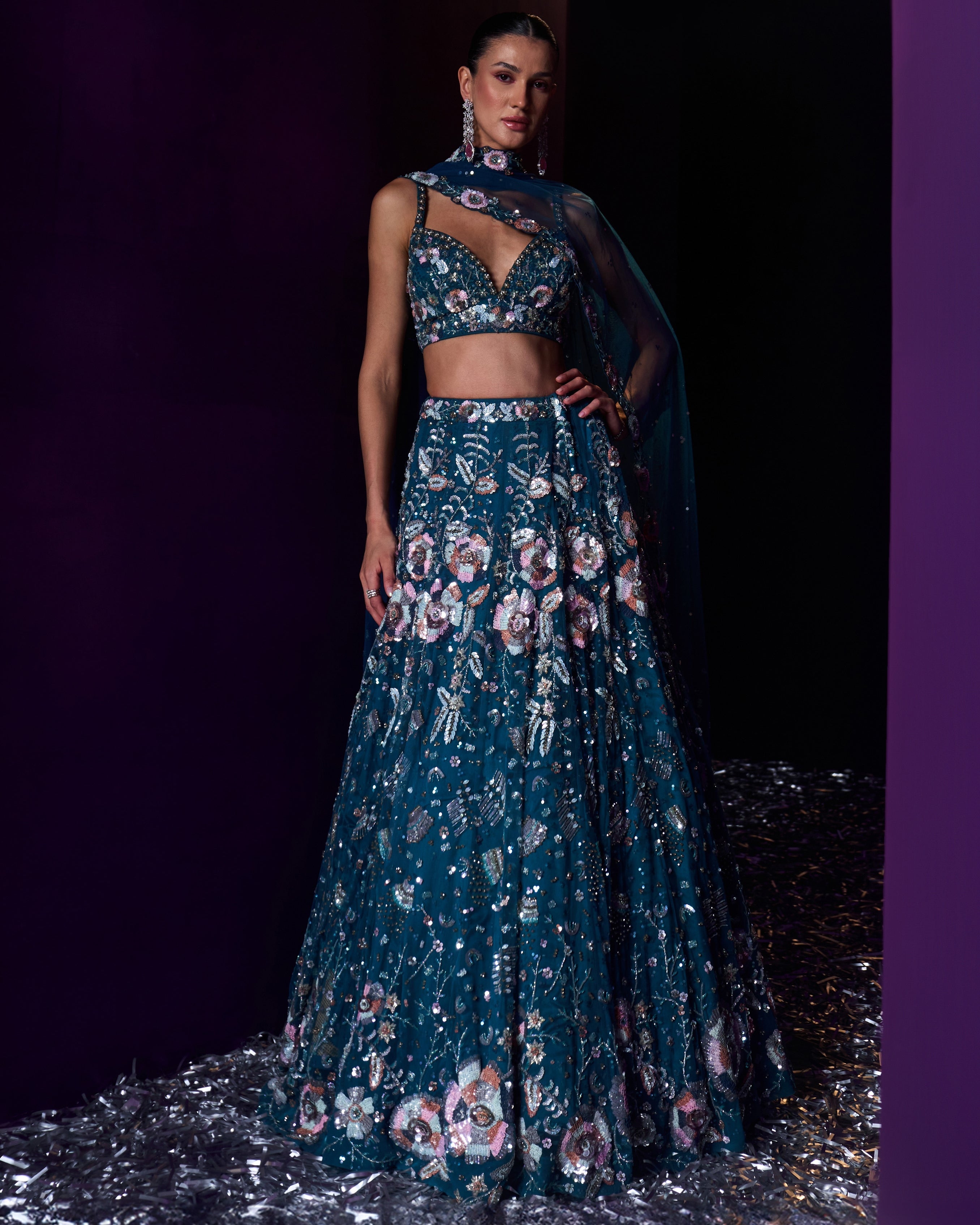 Peacock Blue Net Lehenga Set By KYNAH, Luxury Indian Fashion & Bridal Wear