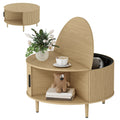 Round Coffee Table with Lift Top & Fluted Sliding Storage Cabinet, 80 cm, Natural Wood