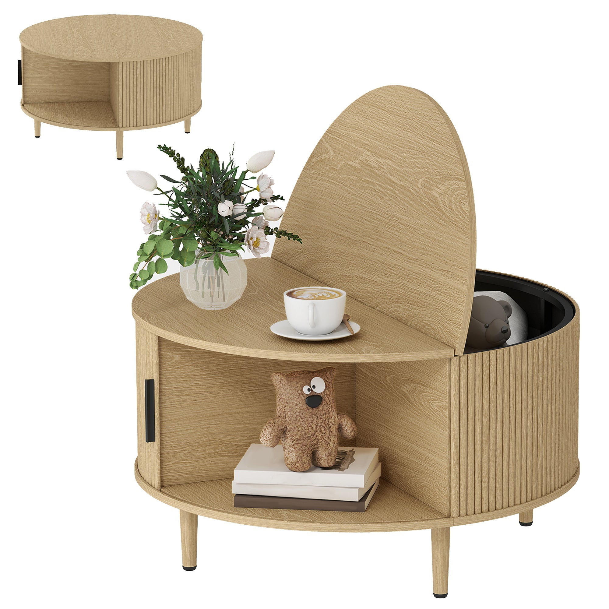 Round Coffee Table with Lift Top & Fluted Sliding Storage Cabinet, 80 cm, Natural Wood