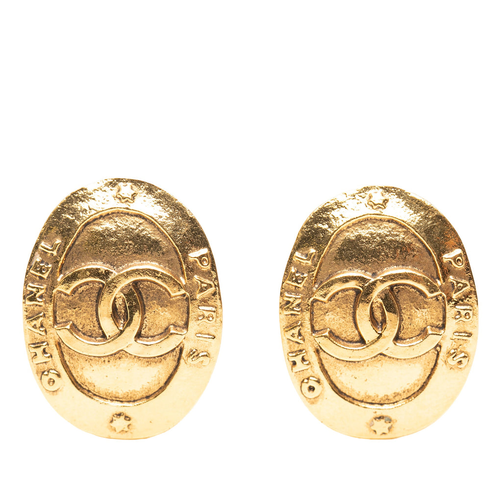 CC Gold Plated Logo Oval Clip On Earrings